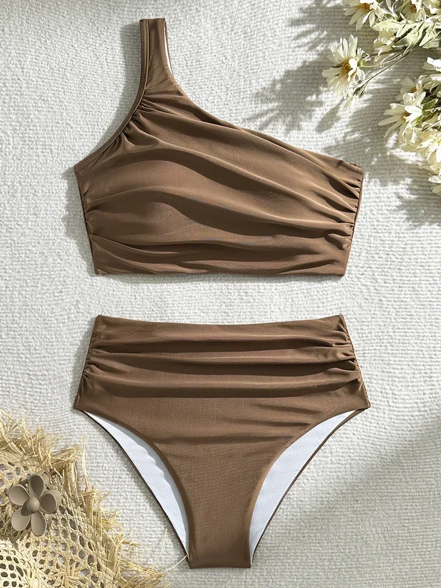 

Sexy Wrinkled One Shoulder High Waist Bikini Female Swimsuit Women Swimwear Two-pieces Bikini Set Bather Bathing Suit Swim Lady