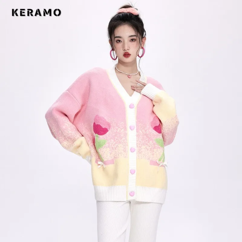 

2023 Autumn Winter Vintage V-Neck Knitting Long Sleeve Cardigans Women Sweet Flroal Single Breasted Ladies Loose Sweater