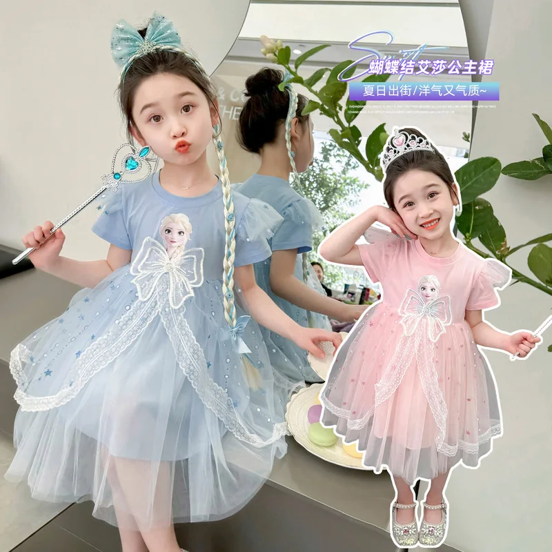 ديزني طفلة الصيف قصيرة الأكمام القوس إلسا الأميرة تي شيرت فستان الأطفال شبكة منتفخ فستان المجمدة