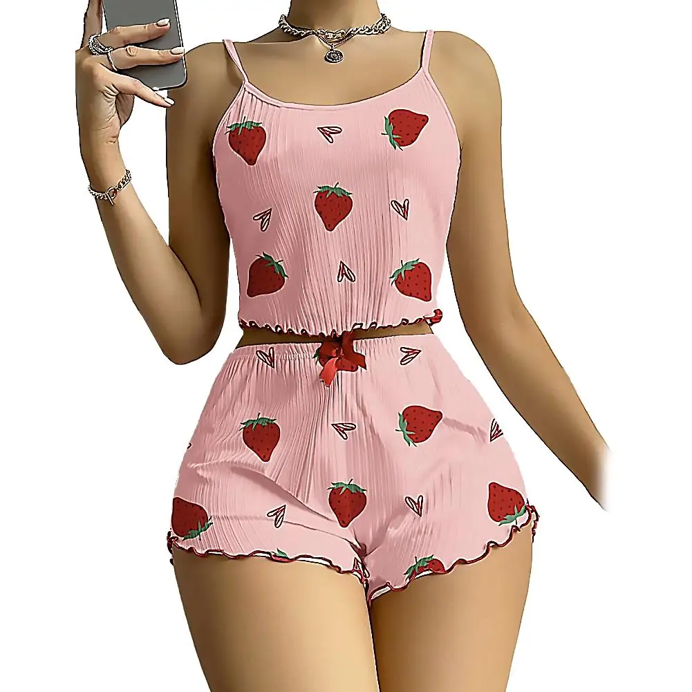 Women's Home Clothes Pajama strawberry Printed Pajama Set Strap Top and Shorts Pajama Set Casual Sexy Home Clothes Summer