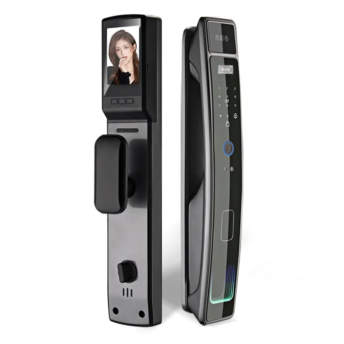 Smart door locks with fingerprint password and facial recognition functions allow remote access, with a minimalist design