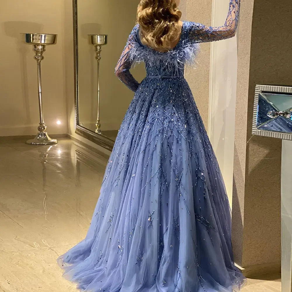 

Luxury Blue Flower Girl Dress for Wedding Feather Sequins A-Line Floor Length Girl Kids Birthday Party First Holy Communion Gown