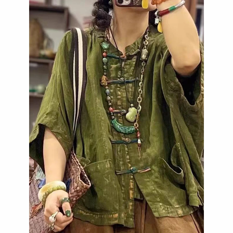 

Summer New Arts Style Women Vintage Single Breasted Loose Blouse Tops Batwing Sleeve Double Pockets Casual Shirts Good Quality