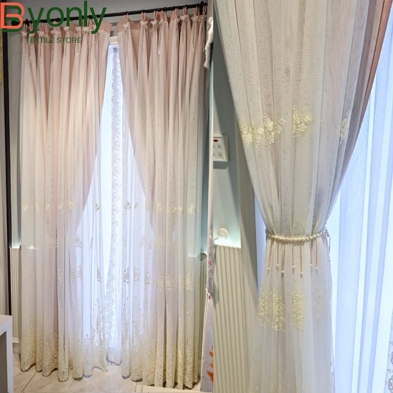 Customized Girl Pink White Lace Double Layered Curtains for Living Room Bedroom Balcony Bay Window Floor To Ceiling Partition