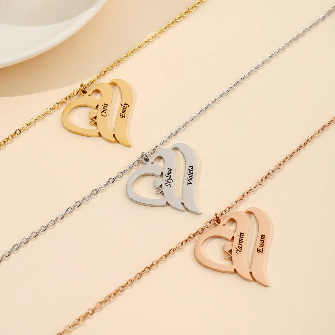 

Customized Engrave Two Name Heart Necklace for Couples Stainless Steel Personalized Double Names Necklace Birthday Jewelry Gift