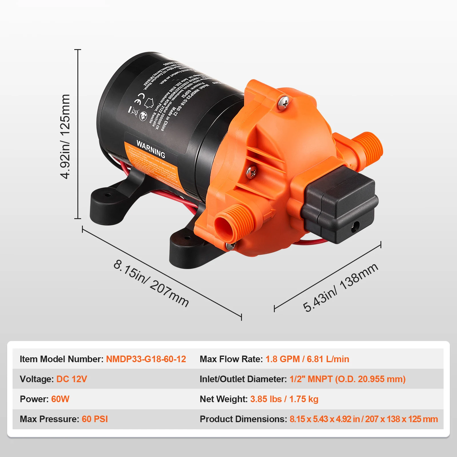SucceBuy 12V membraanpomp 1,8/3/3,5/5 GPM 3/4/5-kamer 40-100 PSI verstelbare 1/2'' MNPT-poort voor RV jacht Food Truck Camper