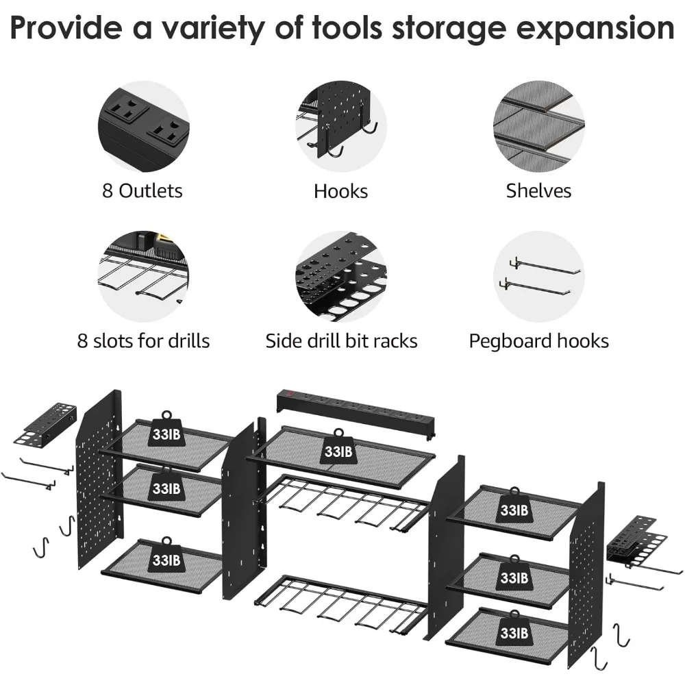 CCCEI Black Large Tools Organizer Wall Mount Charging Station, 39 Inch Long Power Tool Battery Storage Rack with 6FT Power