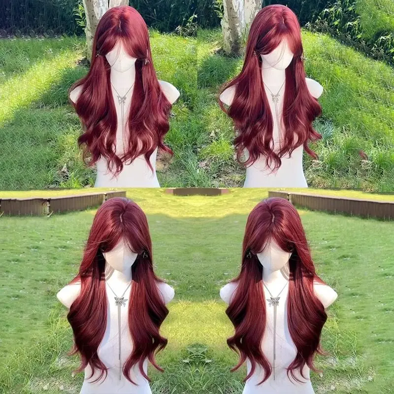 ไม่สนใจ หน้าม้ากลางแปดตัวอักษร ผมหยิกยาว วิกผมสีแดงราสเบอร์รี่