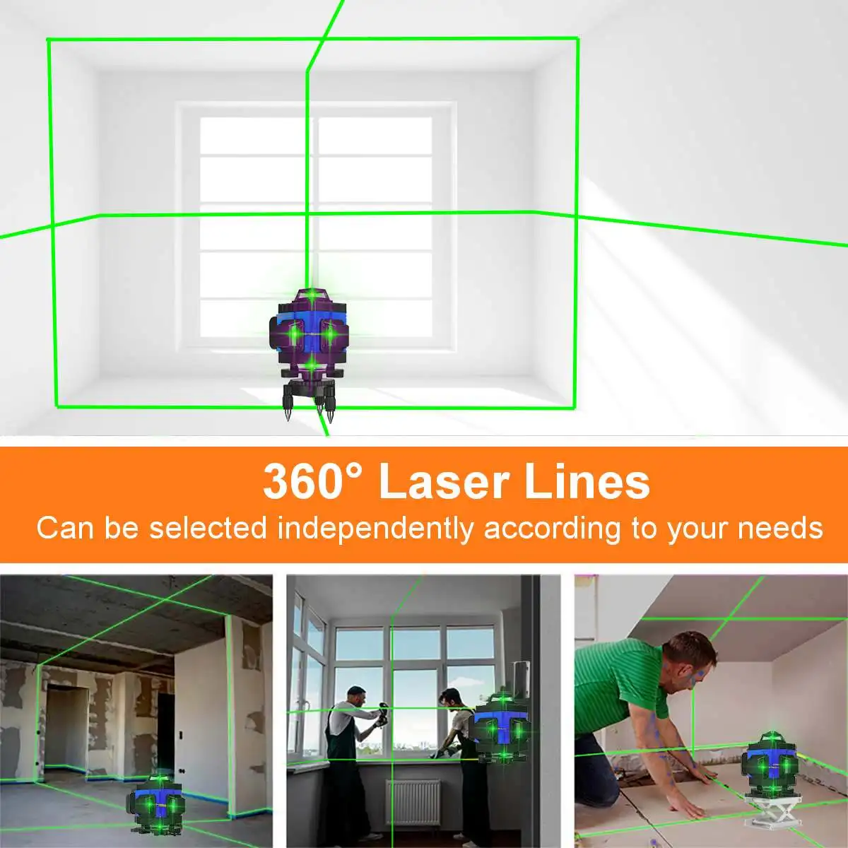 16 Lines 4D Laser Level, Green Laser Line, Self Leveling, Horizontal Lines &360 Degree Vertical Cross with 2xBattery for Outdo