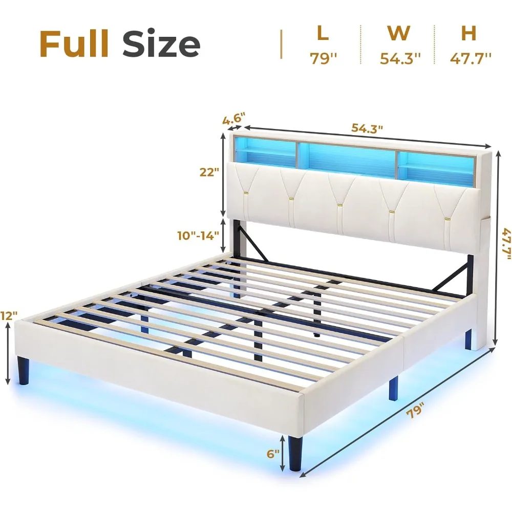 LED Full Bed Frame with Type-C & USB Charging Station, Full Size Bed Frame with Storage Headboard, Modern Velet Upholstered Plat