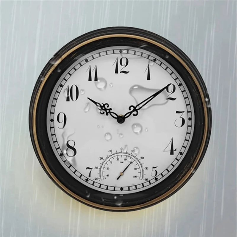 

AA73 Outdoor Waterproof Wall Clock With Thermometer IP44 Vintage Round Garden Decor Clock 12 Inch Outdoor Clock