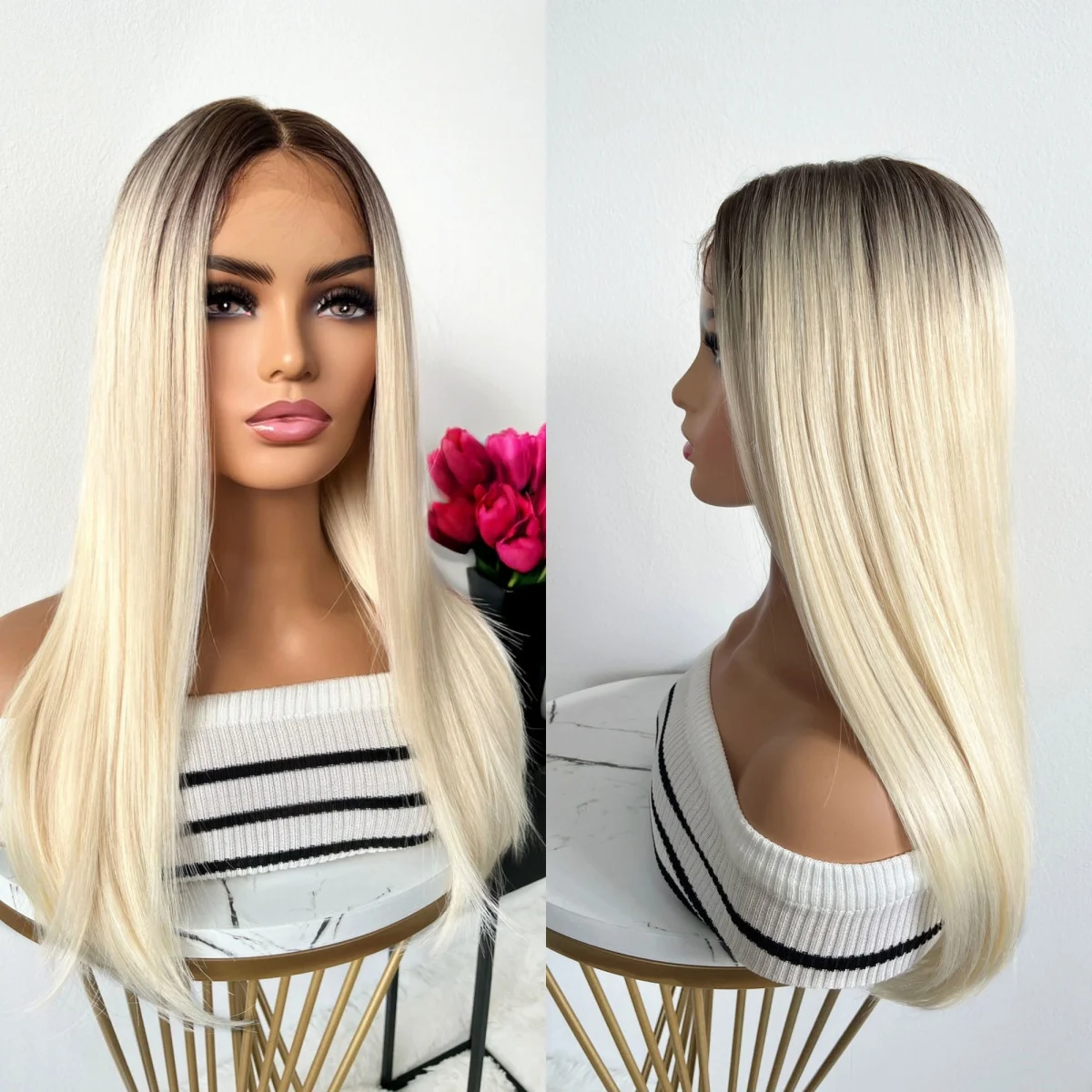 

Ombre Light Blonde Natural Straight Synthetic Lace Frontal Wigs With Dark Roots High Quality Heat Resistant Fiber Wigs Daily Use