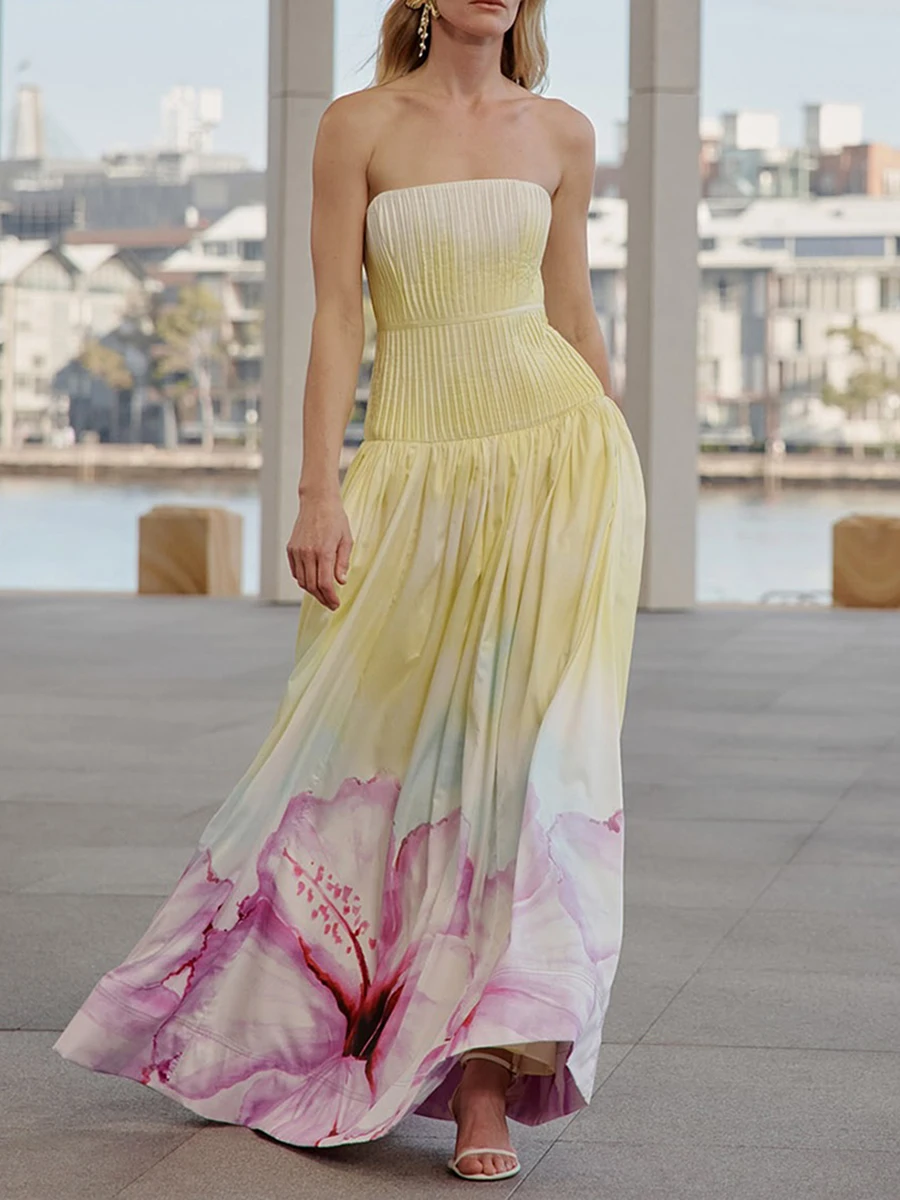 VGH Stampa a colori sfumati Abiti sexy per le donne Senza spalline Senza maniche Vita alta Patchowrk Pieghe Abito da ballo Donna Estate Nuovo