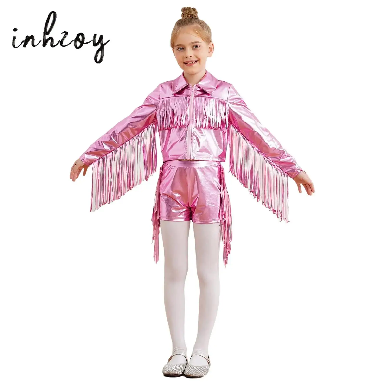 

Kids Girls Tassels Metallic Hip hop Disco Dance Outfit Turn-Down Collar Long Sleeve Zipper Fringe Jacket Coat+Shorts Streetwear