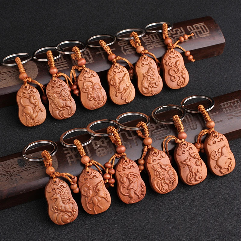 Peach Wood Twelve Zodiac Signs Keychain Rat Ox Tiger Dragon Snake Luckies Bring In Wealth And Treasure Car Pendant