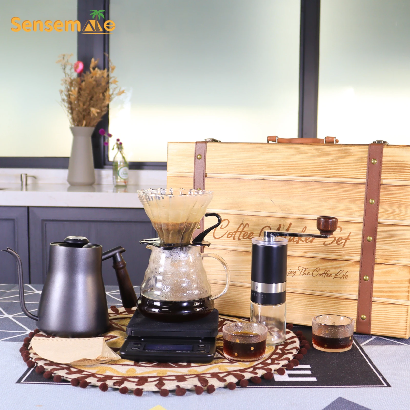 SENSEMAKE-Pour Over Coffee Set with Glass, Ceramic Server, Dripping Cup, Wooden Case for Outdoor Coffee Maker, Gift Set