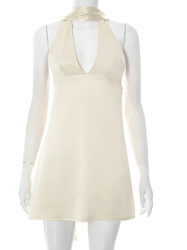 Fantoye Satin Sexy Deep V-neck Halter Women Dress Yellow Backless A-line Mini Dress Female Summer Slim Elegant Party Club Dress