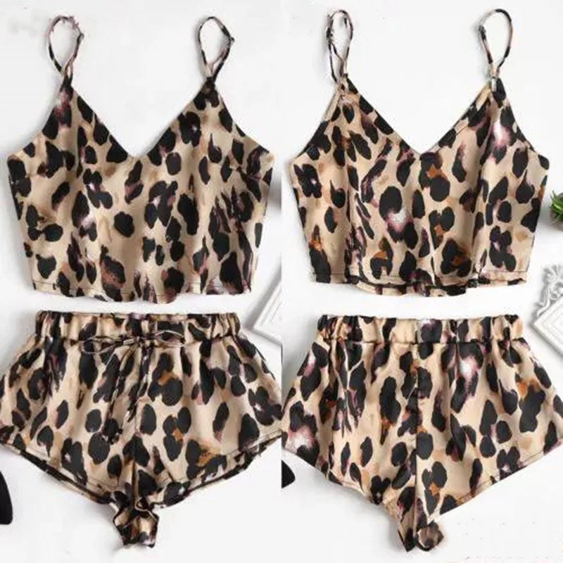 Sexy Leopard Print Strapless Loose-Fitting Lightweight Underwear Set Women Suitable Home Wearing Pijamas Women Clothes Suits