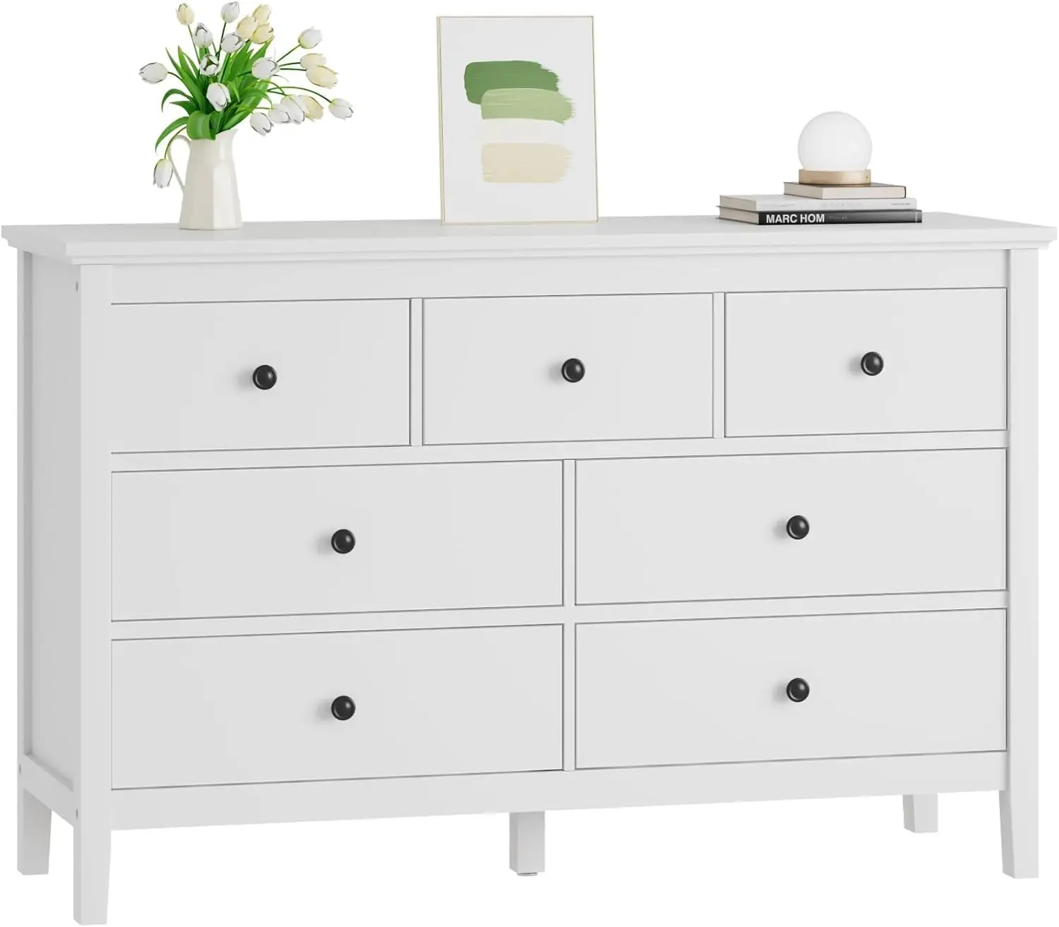 White Dresser for Bedroom, 7 Drawer Dresser with Wide Drawers and Metal Handles, Woode Dressers & Chests of Drawers for Hallyway