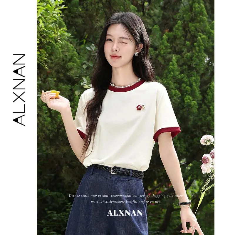 ALXNAN Lyocell Short Sleeve T-shirt Women New Summer Round Neck Tees 3D Floral Contrast Trim Detail Ladies Casual Top L66220