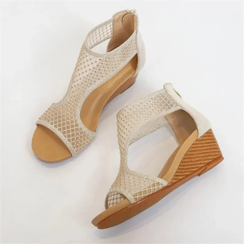 BEYARNE  elegant Lace mesh shoes women sandals wedge summer fashion roman ladies sandles party gladiator female sandalias