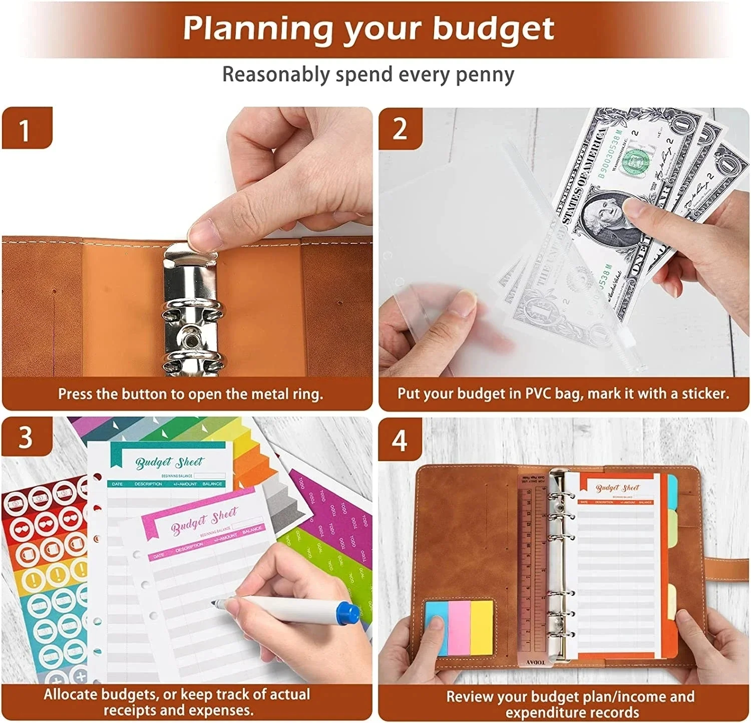 Notebook A7 Budget Binder Notebook Cash Envelopes System Set with Binder Pockets for Money Budgets Saving Bill Organizer Gift