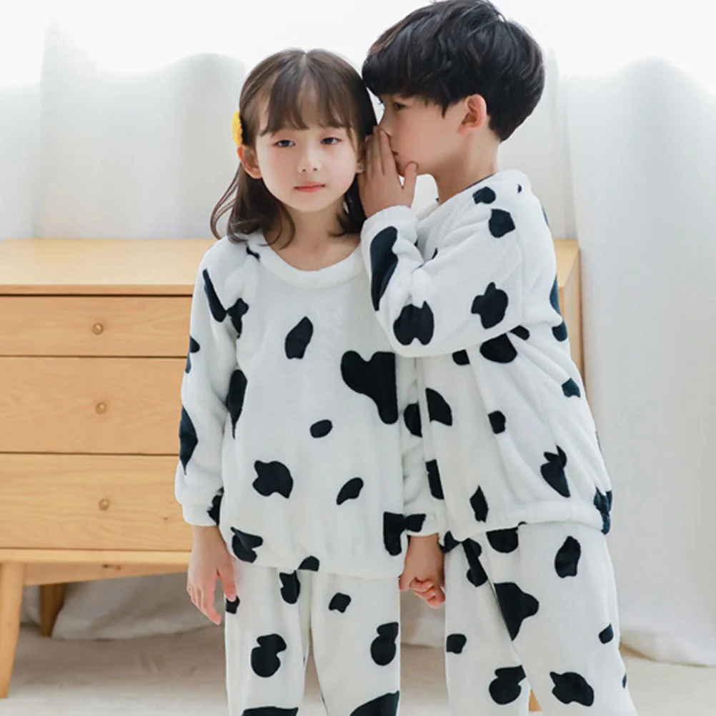 

1Set Warm Flannel Kids Cartoon Cow Pajamas Cozy Home Leisurewear Children Sleepwear Nightwear Kids Flannel Pajamas
