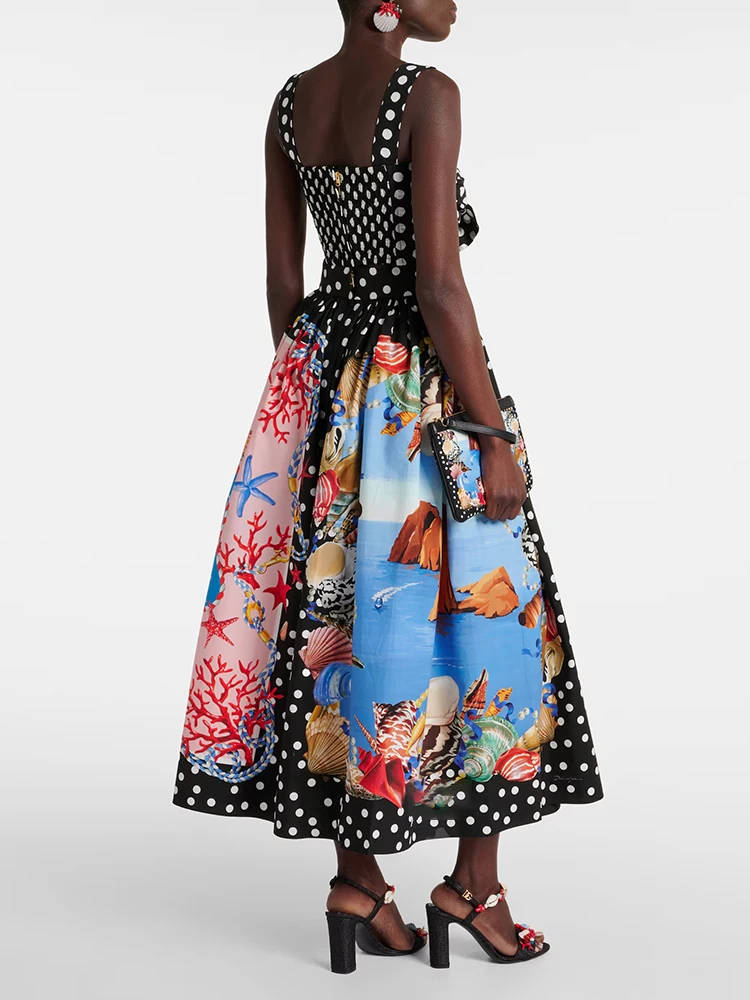 VGH Hit Color Printing Long Skirts For Women High Waist Patchwork Pockets Loose Casual A Line Skirt Female Fashion Clothing New