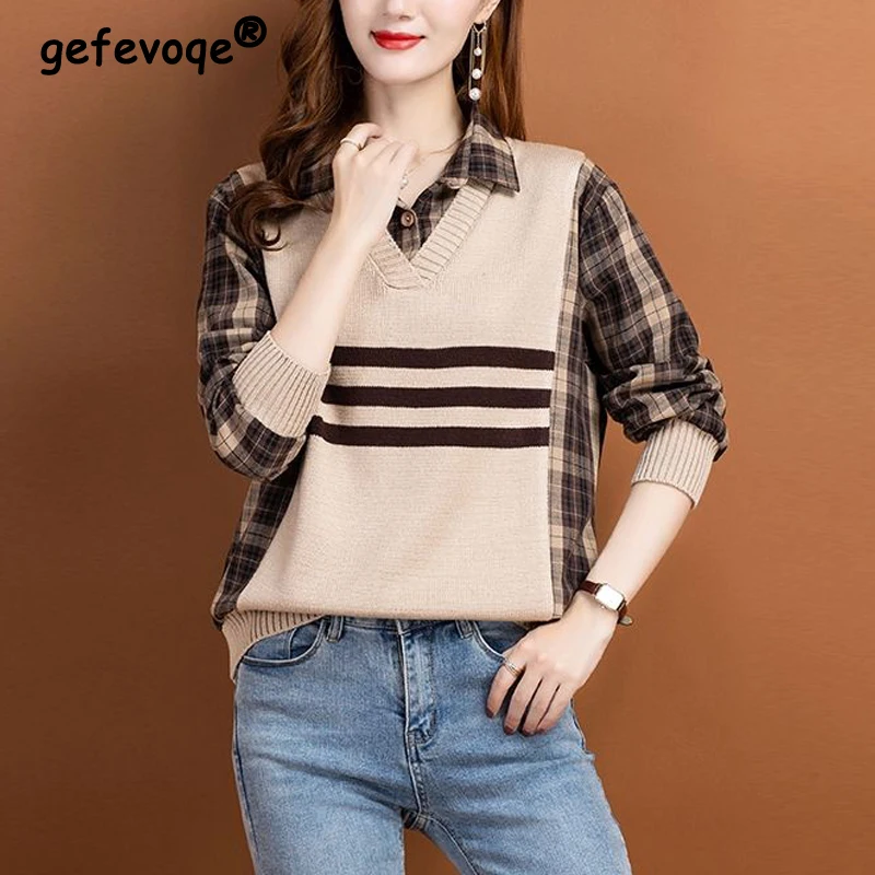 

Autumn Korean Fashion Vintage Plaid Print Striped Patchwork Knitwear Women Casual Long Sleeve Loose Blouse Pullover Top Clothing