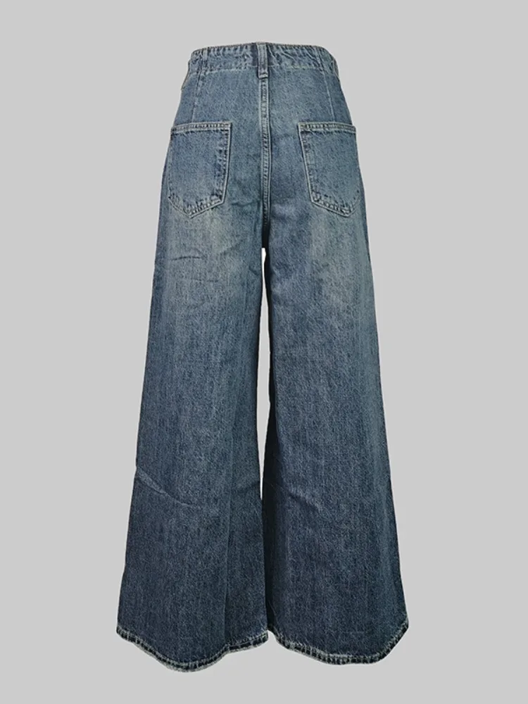 Yeezzi 2025 New Arrivals Women's Distressed Blue Jeans Fashion Casual Loose Buttoned Pockets Full Length Wide Leg Pants Bottoms