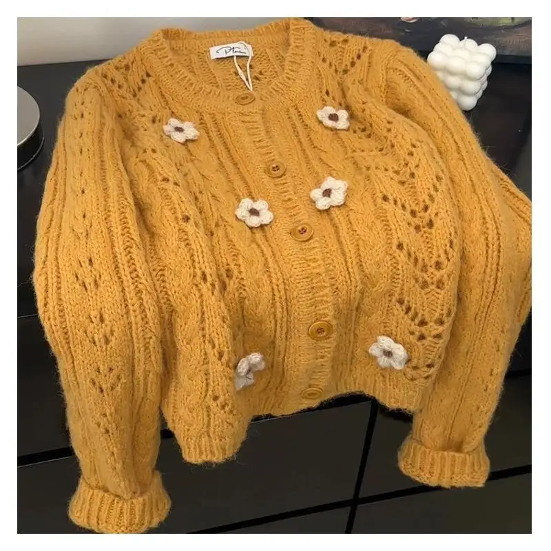 

Korean Style Women's Short Knit Cardigan Orange Color Lace Crochet Design Soft Loose Fit Fashion for Casual Cotton Knit Sweater