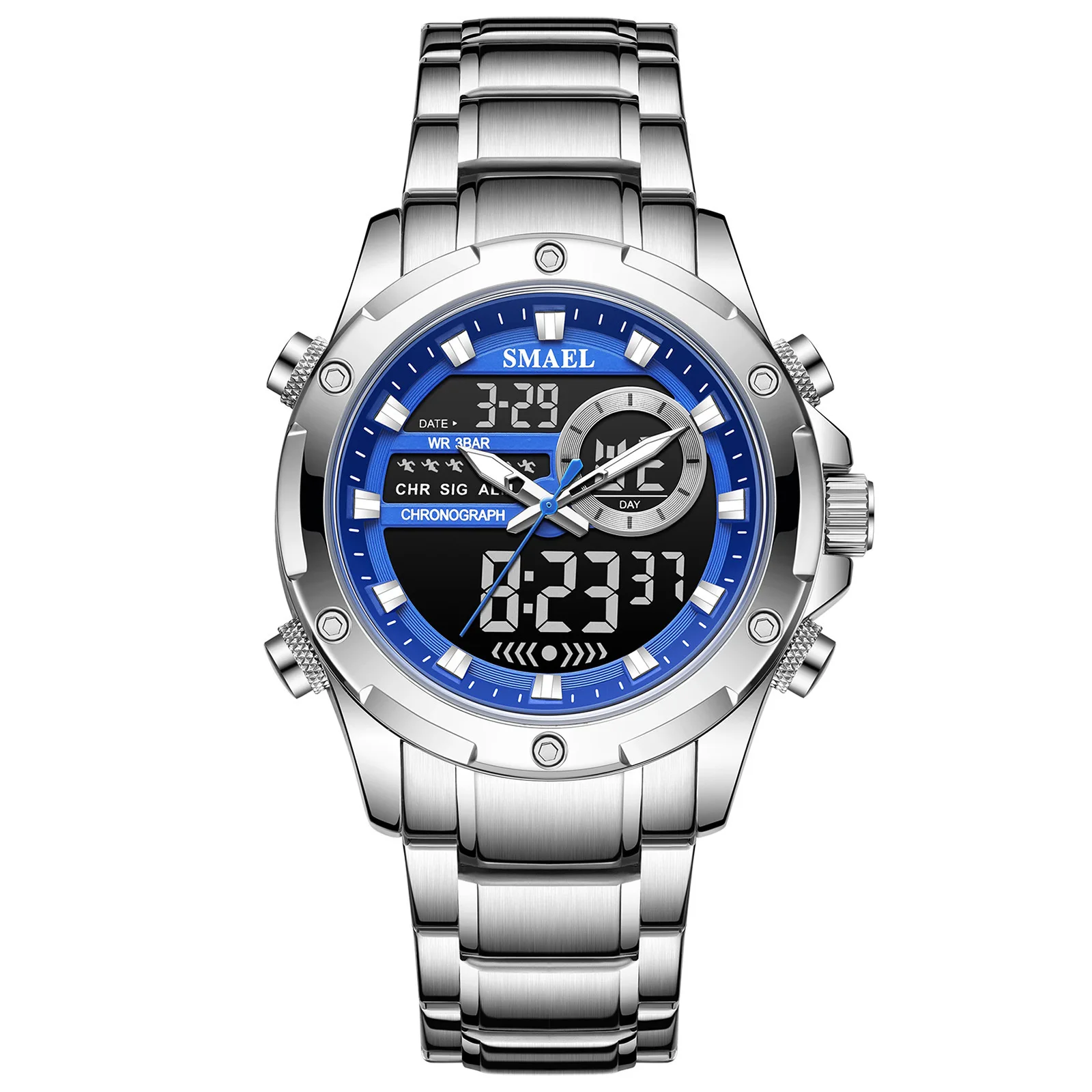 ساعة رجال الأعمال SMAEL 6050، ساعة إلكترونية بحزام فولاذي Wa tch، ساعة كوارتز رياضية مقاومة للماء للرجال مضيئة