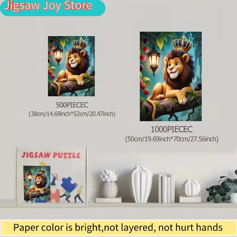Dreamy Cartoon Lion King Puzzle - 500/1000pcs Exquisite Puzzle Game Featuring a Golden Lion with Blue Crown and Mystical Fores