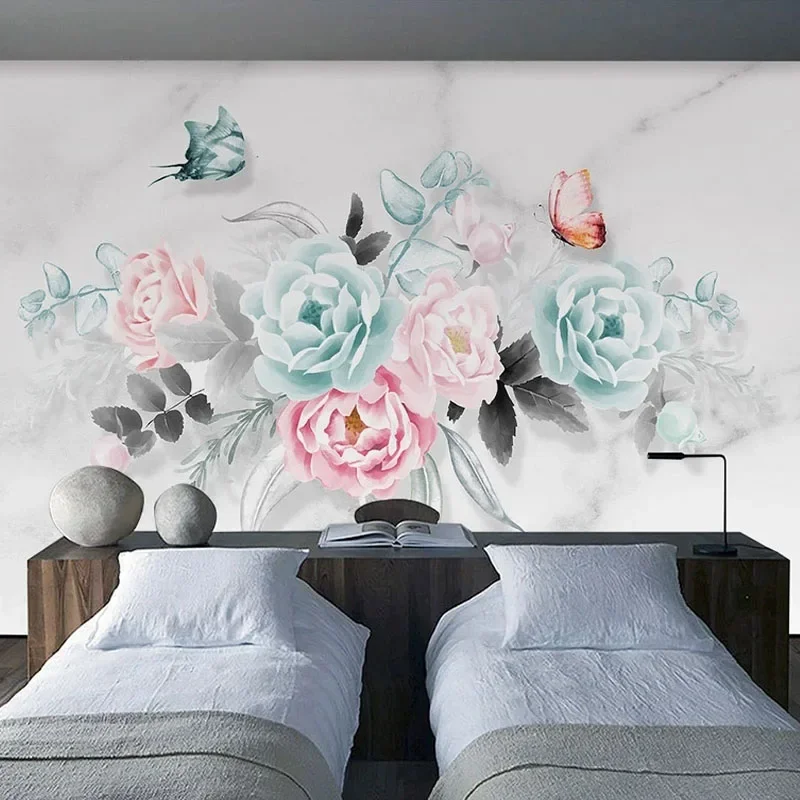 

Custom Mural Wallpaper 3D Hand Painted Rose Flower Butterfly Jazz White Marble TV Background Wall Decor Papel De Parede Sala 3 D