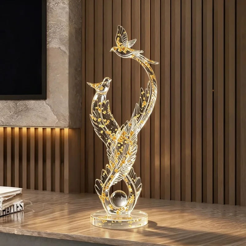 Resin Gold Foil Bird Feather Figurine Clear Transparent Sculpture Desktop Statue Ornament Home Decor Wedding Housewarming Gift