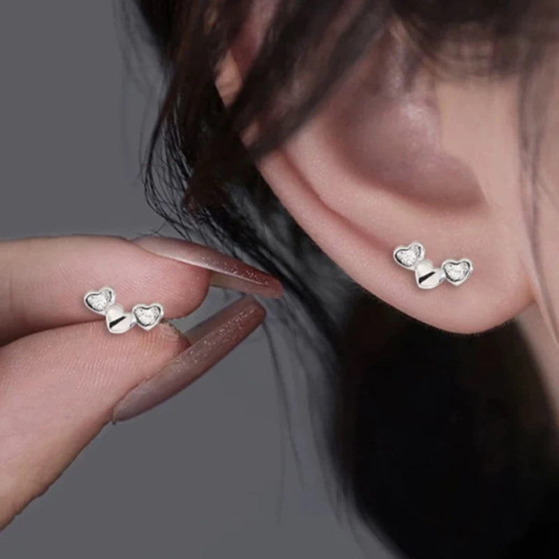 Elegant Love Heart Linked Earrings For Women 2025 New Light Luxury Style Silver Color Cubic Zirconia Ear Stud Jewelry Girl Gifts