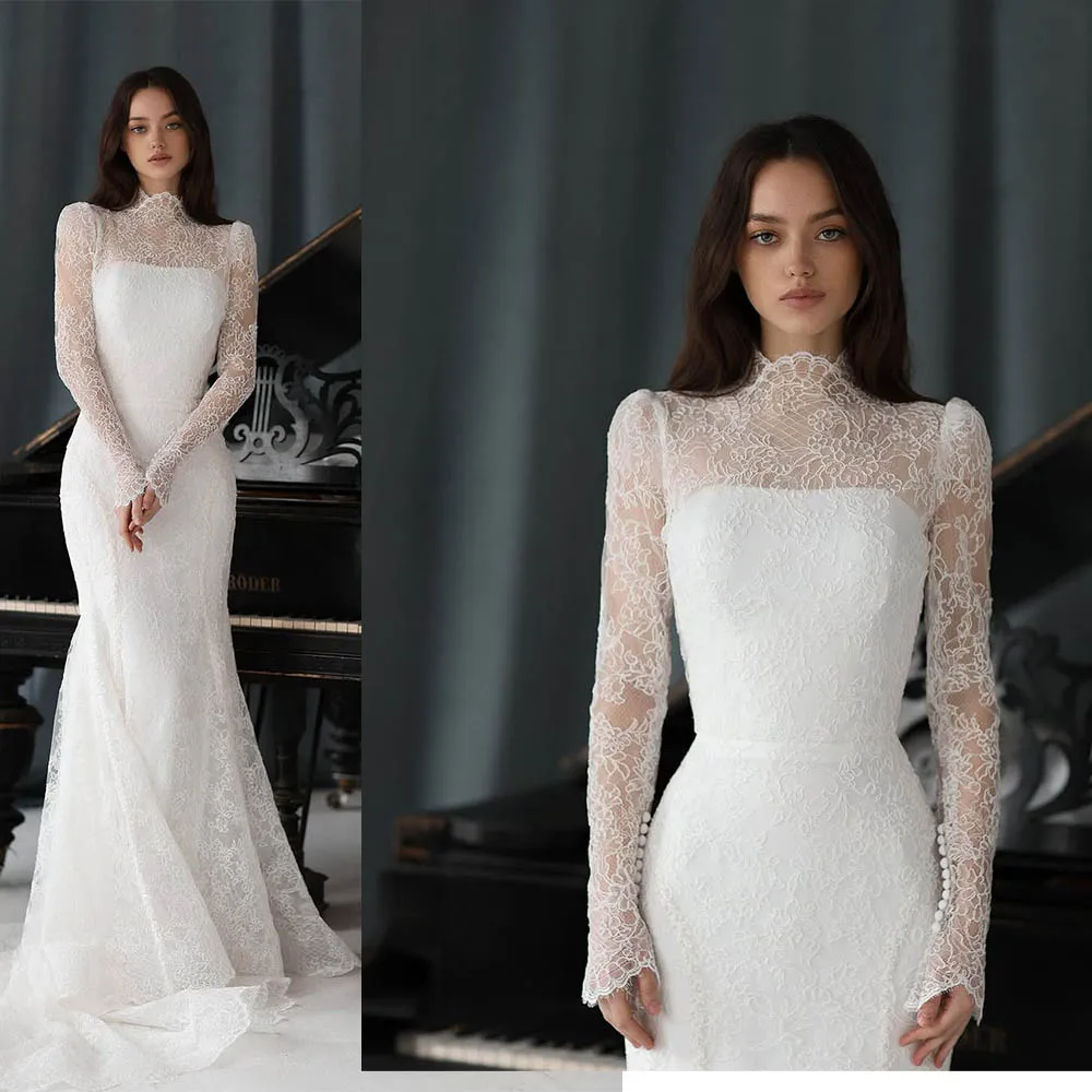 

Vintage High Neck Full Sleeves Sheath Wedding Dresses Custom Made 2026 Rode De Morrie