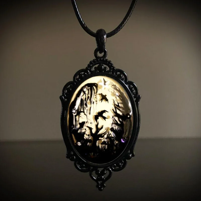 Gothic Hand Painted Macabre Forest Crow Oval Art Pendant