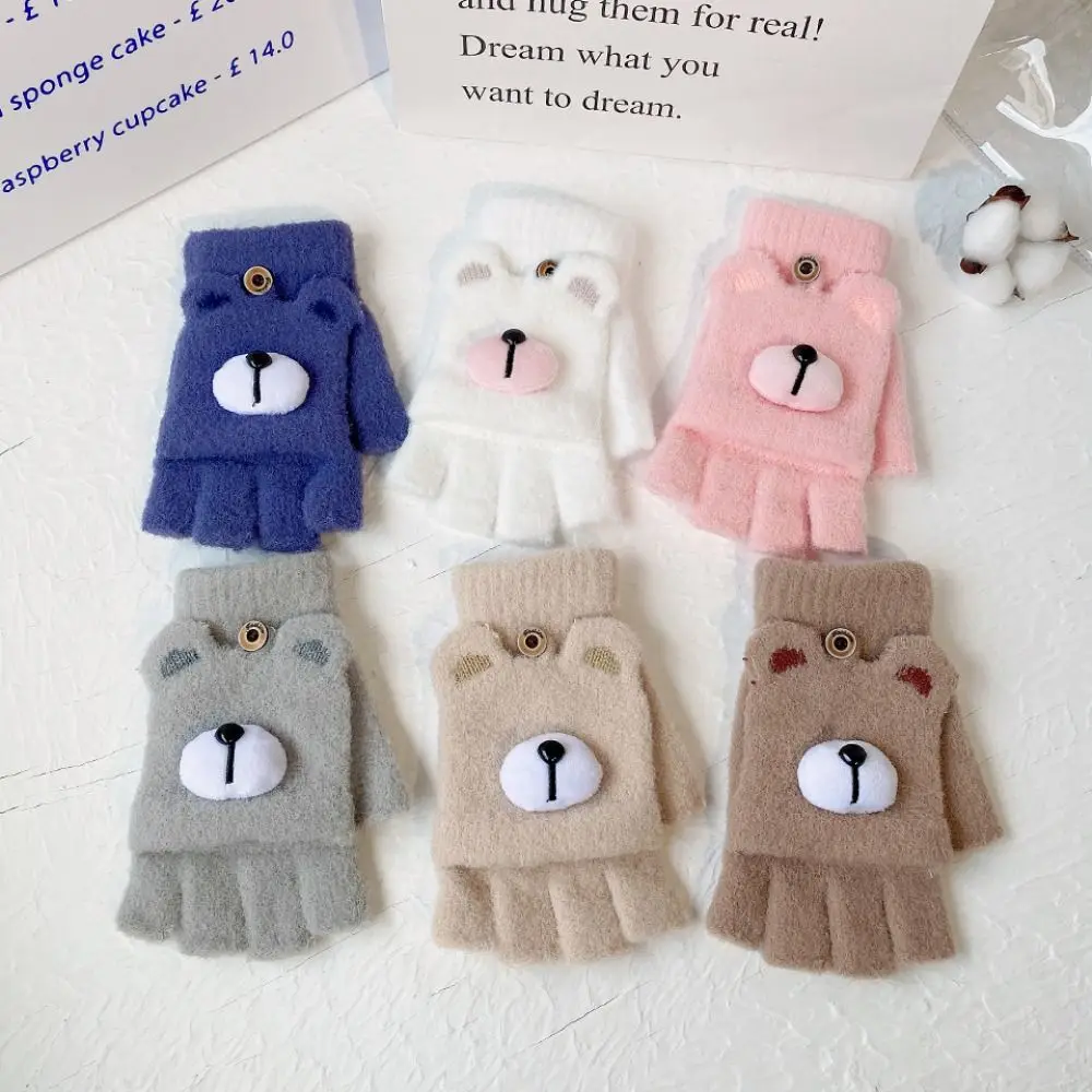 Cartoon Bear Half Finger Flip Gloves Knitted Touch Screen Fingerless Gloves Windproof Plush Thicken Knitting Mittens Women