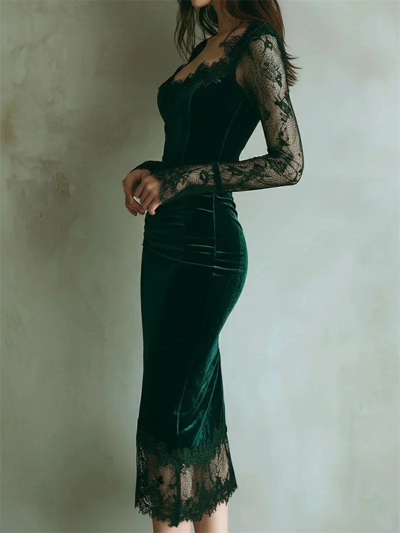 Elegant Dark Green Prom Dress Velvet Lace Patchwork V Neck Long Sleeve Midi Party Gown Slim Fitted Bodycon Banquet Evening Robe