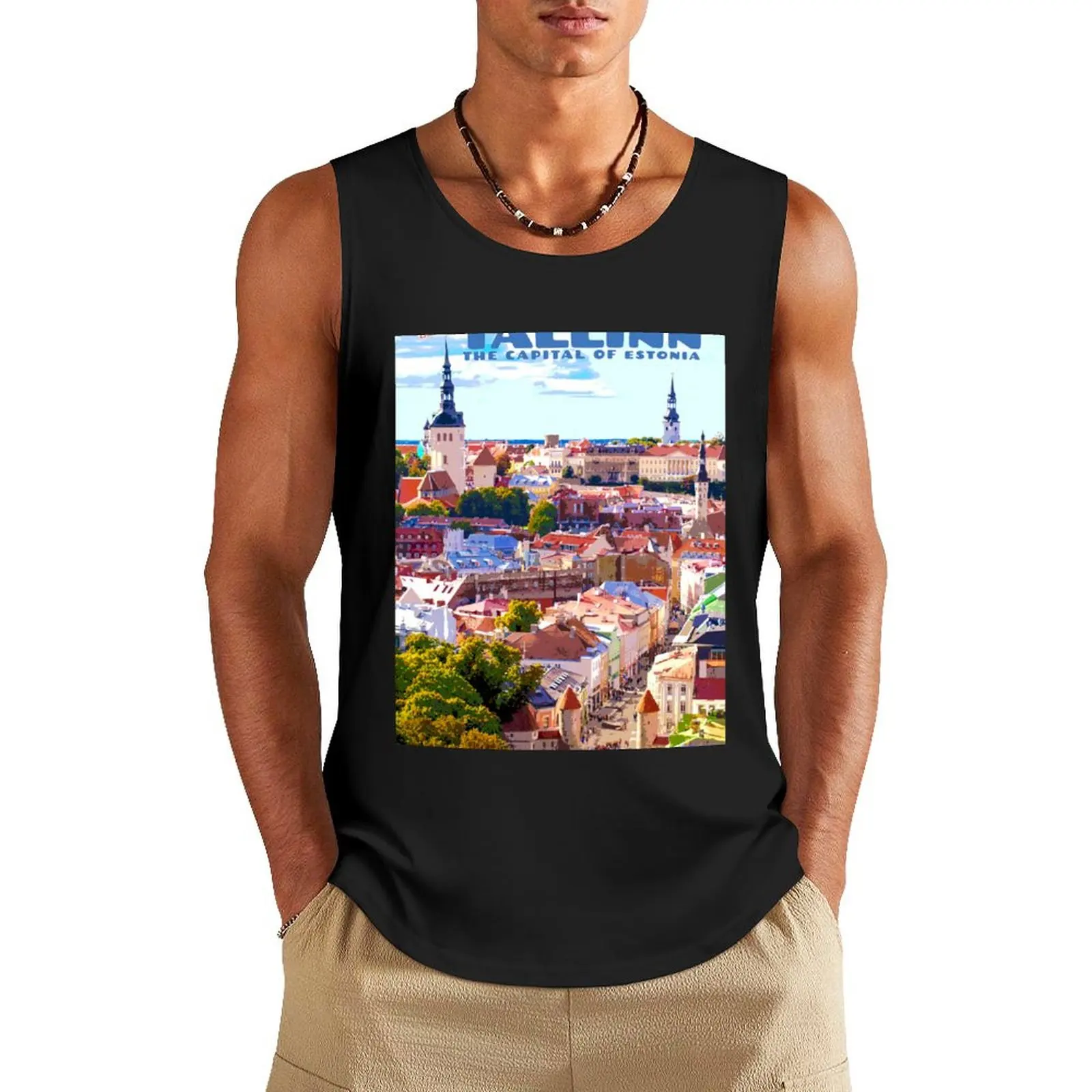 

Vintage-Style Tallinn Travel Poster Tank Top anime gym tops
