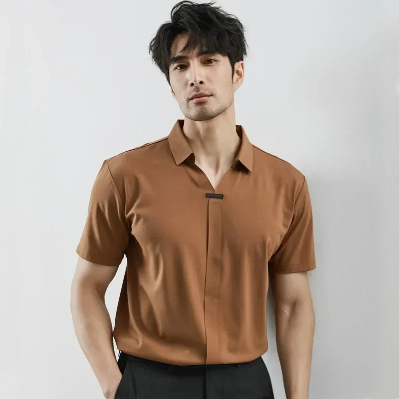

Ice Silk Non-trace Adhesive Short-sleeved POLO Shirt Men's Business Non-ironing V-neck Shirt Collar T-shirt High-end Men's Wear