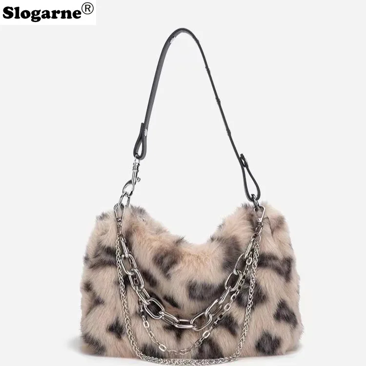 New Faux Fur Leopard Shoulder Bag Women\'s Autumn Winter Chain Handbags Ladies Leopard Print Clutch Purses Fluffy Top Handle Bags