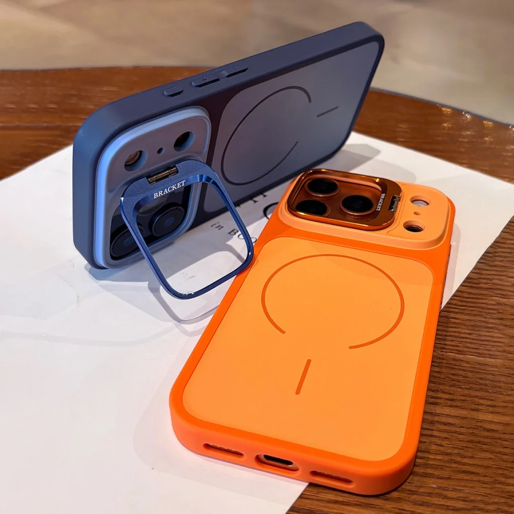 Flip Lens Bracket Holder Liquid Silicone Magnetic Phone Case For iPhone 18 17 Air 16 15 14 Plus 13 12 Pro Max For Magsafe Cover