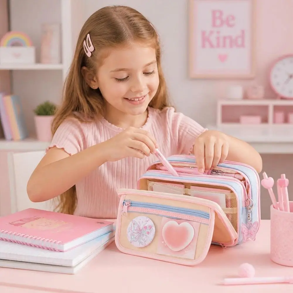 New Large Capacity Pencil Case Multi-Pockets Transparent Pen Bag Butterfly Print Stationery Bag