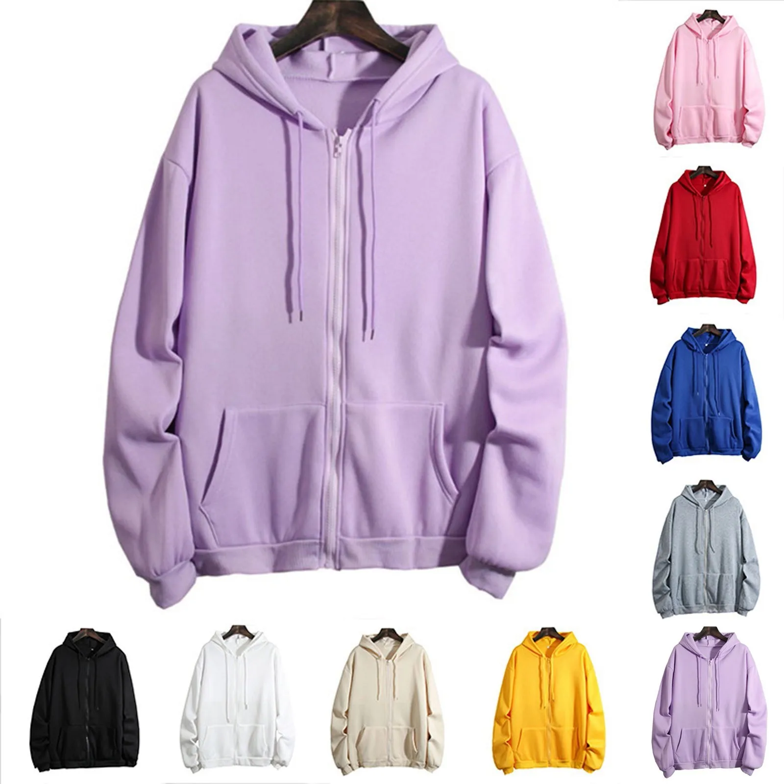 Spring Autumn Women Solid Color Sweatshirt Coat Hooded Drawstring Long Sleeve Pockets Zipper Placket Outerwear Femme