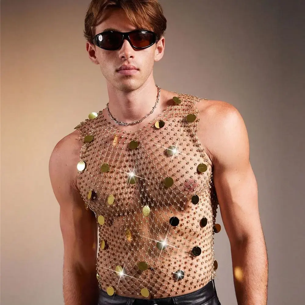 Nightclub Party Diamond Sequin Sheer Fishnet Tank Top For Men Sexy Cutout Design Elegant Sparkle Rhinestone-Embellished Top