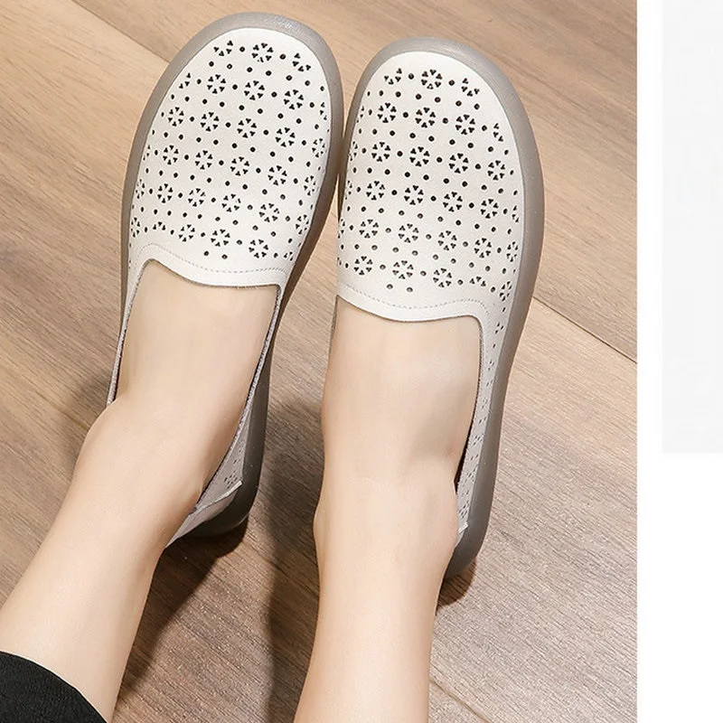 Summer White Shoes Sneakers Genuine Leather Loafers Hollow Out Women Ballet Flats Shoes Woman Breathable Soft Casual Shoes