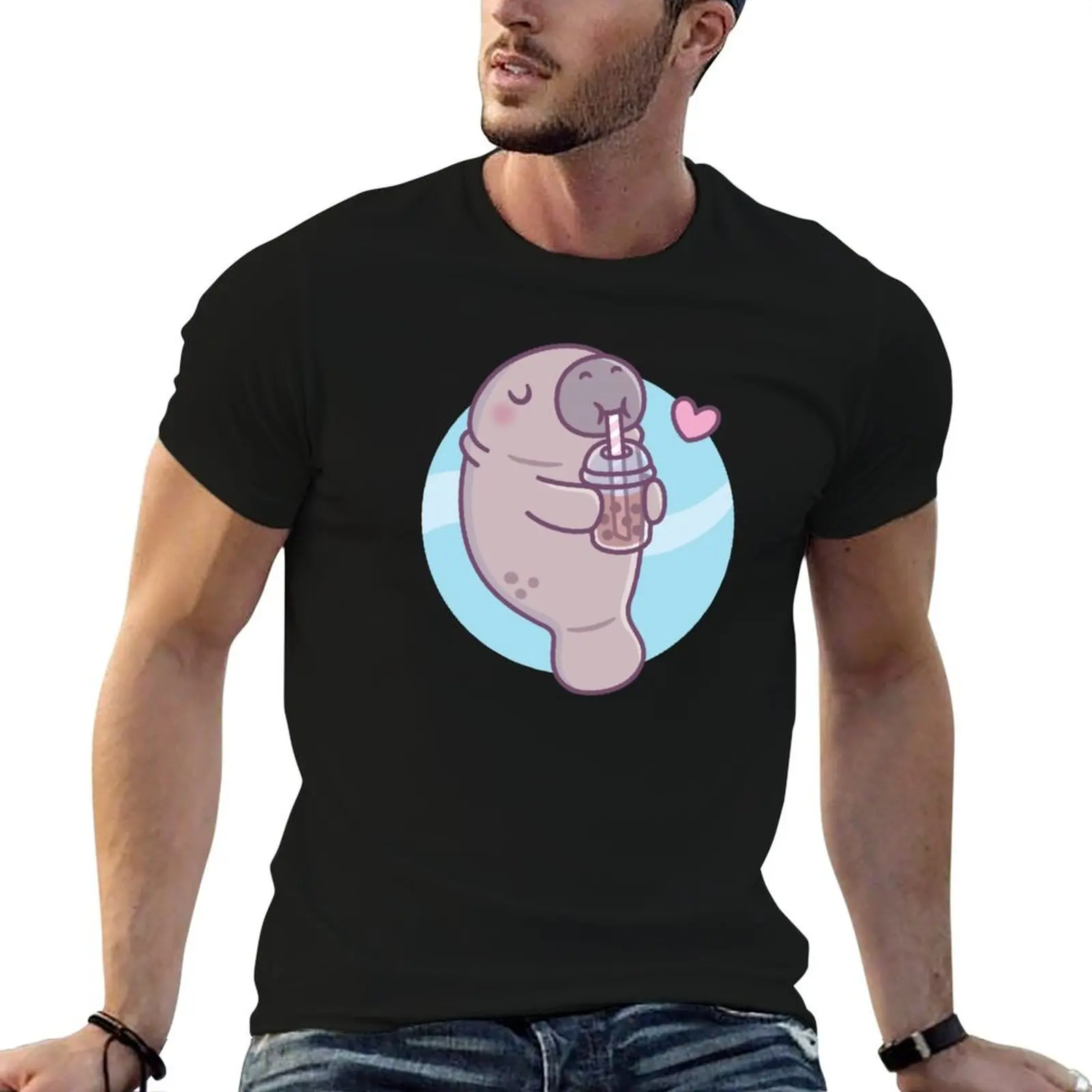 

Cute Manatee Loves Drinking Boba Tea T-Shirt man tshirt t shirts for man slim fit man t shirt summer T-shirt
