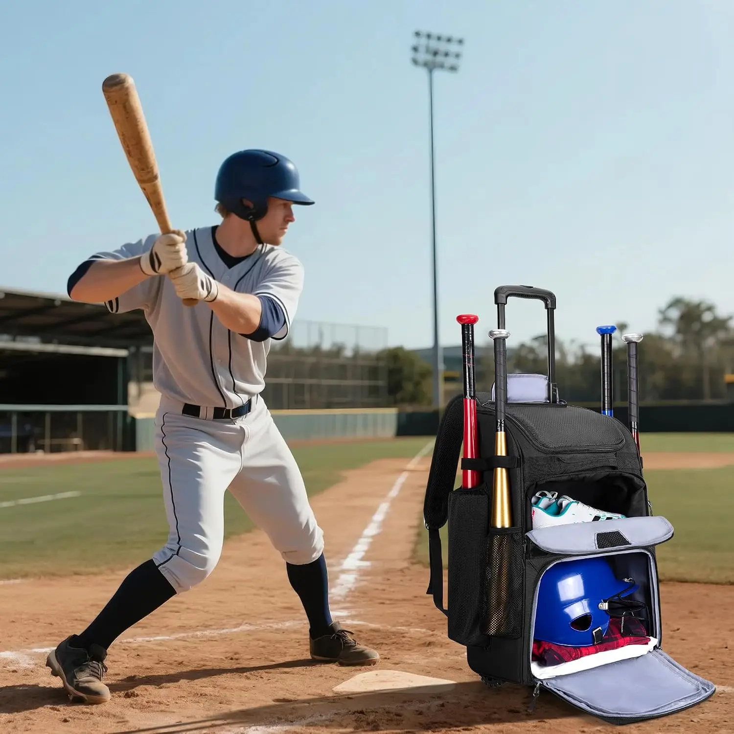 Rolling Baseball Backpack With Wheels Heavy Duty Softball Gear Equipment Bag Holds Four Bats With Shoe Compartment Fence Hook And Detachable Straps Portable Sports Backpack Black view 8